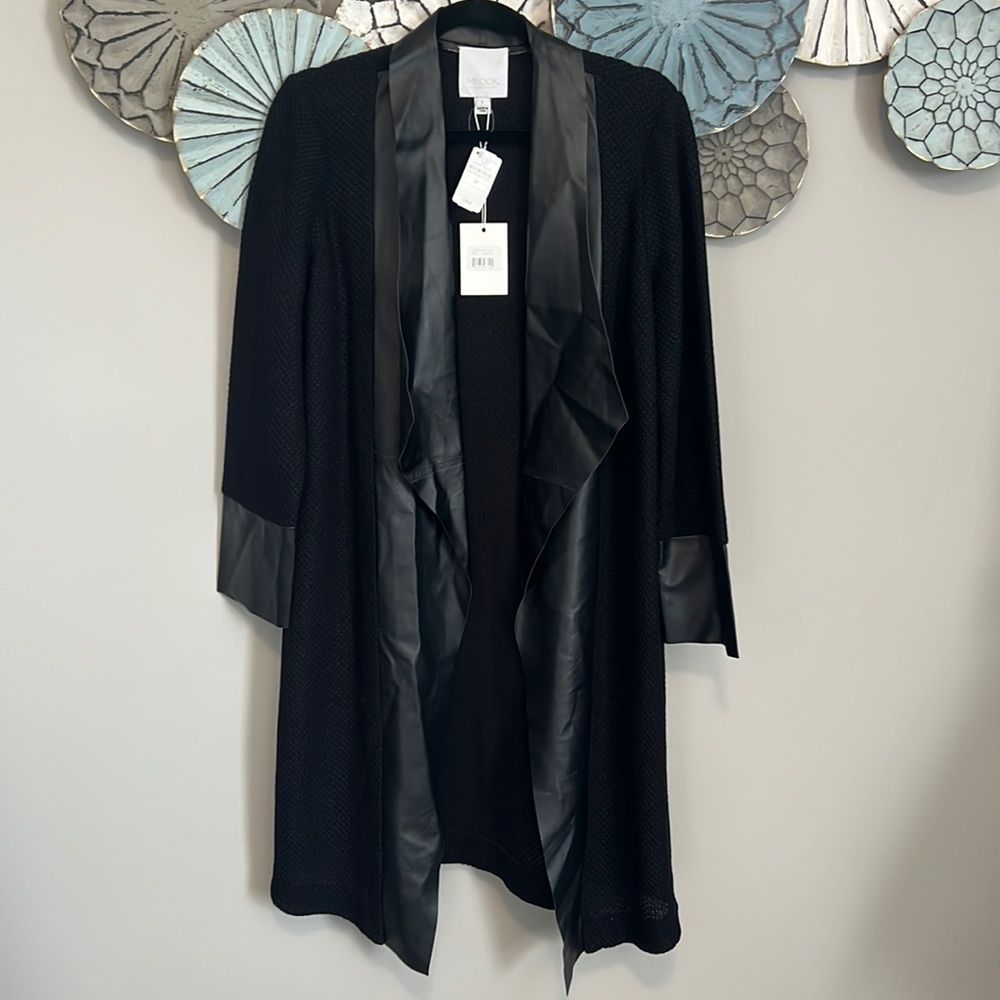 Misook Collection black leather trim Open-Front Long Duster